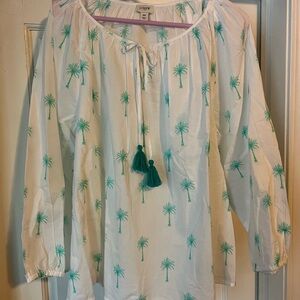 J. Crew Green and White Relaxed Tie Front Blouse